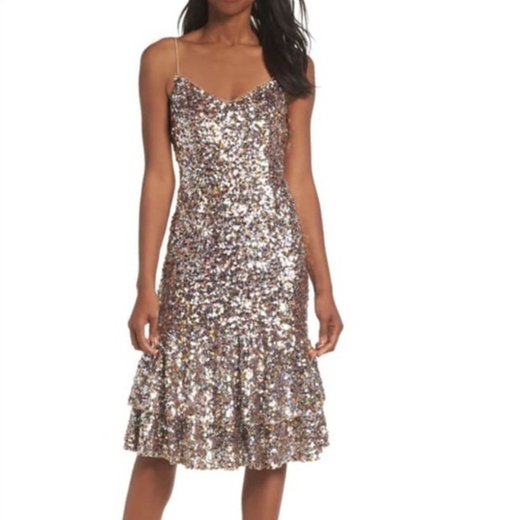 NWT Adrianna Papell Ruffle Hem Rainbow Colorful Sequin MIDI Dress - Picture 1 of 8